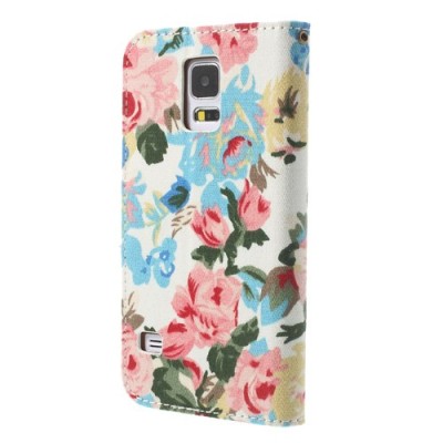 Atverčiamas Samsung Galaxy S5 (S5 Neo) rožių spalvotas dėklas (piniginė) - baltas / Priedai.lt
