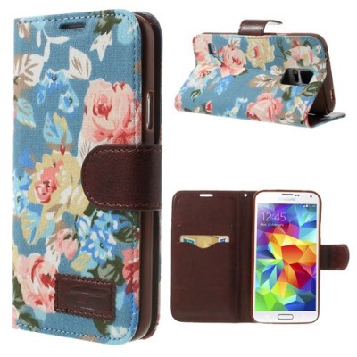 Atverčiamas Samsung Galaxy S5 (S5 Neo) rožių spalvotas dėklas (piniginė) - mėlynas / Priedai.lt