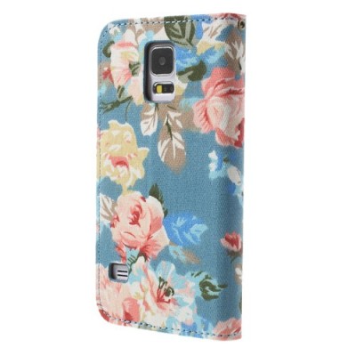 Atverčiamas Samsung Galaxy S5 (S5 Neo) rožių spalvotas dėklas (piniginė) - mėlynas / Priedai.lt