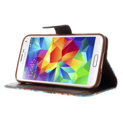 Atverčiamas Samsung Galaxy S5 (S5 Neo) rožių spalvotas dėklas (piniginė) - mėlynas / Priedai.lt