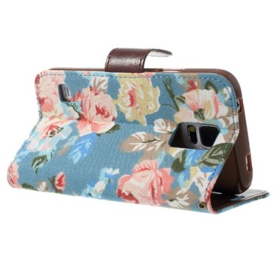 Atverčiamas Samsung Galaxy S5 (S5 Neo) rožių spalvotas dėklas (piniginė) - mėlynas / Priedai.lt