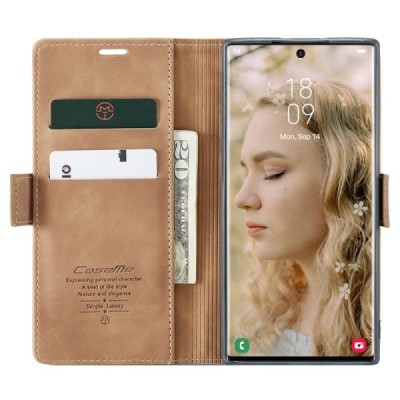 Samsung Galaxy S24 Ultra (SM-S928) CaseMe Retro solīds atvēramais ādas gaiši brūns maciņš - maks | Vacins.lv