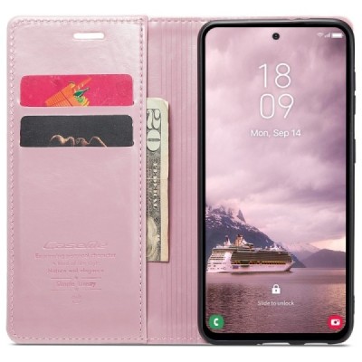 Samsung Galaxy A55 5G (SM-A556) CaseMe Leather solīds atvēramais ādas rozs maciņš - maks | Vacins.lv