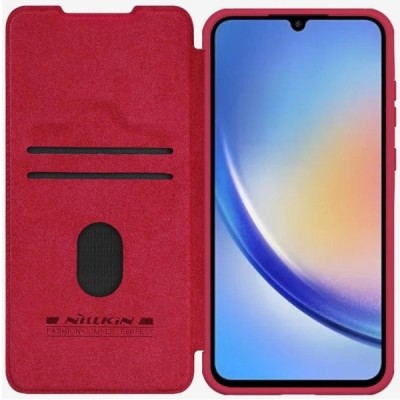 Greznais „Nillkin“ Qin Pro sērijas ādas atvērams sarkans Samsung Galaxy A55 5G (SM-A556) maciņš | Vacins.lv