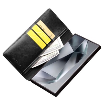 Samsung Galaxy S24 Ultra (SM-S928) „QIALINO“ atvēramais ādas melns maciņš - maks | Vacins.lv