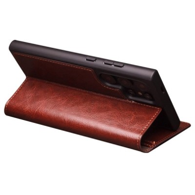 Samsung Galaxy S24 Ultra (SM-S928) „QIALINO“ atvēramais ādas brūns maciņš - maks | Vacins.lv