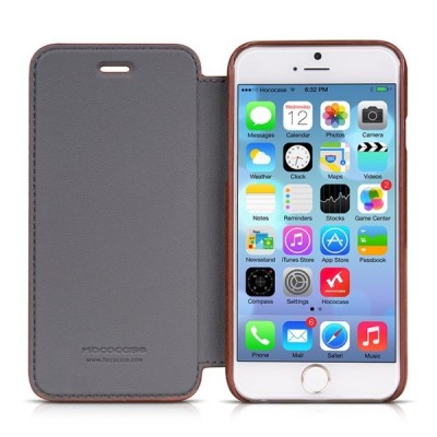 Prabangus „HOCO“ Crystal Classic serijos odinis atverčiamas rudas Apple iPhone 6 (6s) dėklas / Priedai.lt