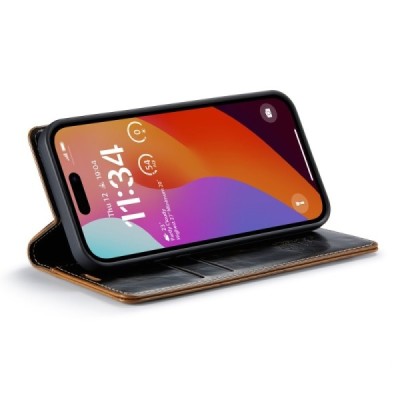 Apple iPhone 16 CaseMe Leather solīds atvēramais ādas brūns maciņš - maks | Vacins.lv