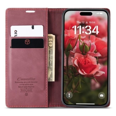 Apple iPhone 16 Plus CaseMe Retro solīds atvēramais ādas bordo maciņš - maks | Vacins.lv