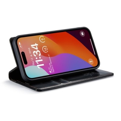 Apple iPhone 16 Plus CaseMe Leather solīds atvēramais ādas melns maciņš - maks | Vacins.lv