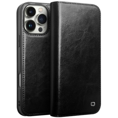 Apple iPhone 16 Pro "QIALINO" atvēramais ādas melns maciņš - maks | Vacins.lv