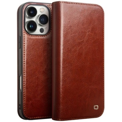 Apple iPhone 16 Pro "QIALINO" atvēramais ādas brūns maciņš - maks | Vacins.lv