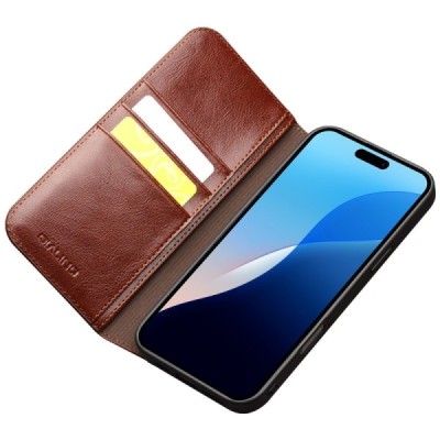 Apple iPhone 16 Pro Max "QIALINO" atvēramais ādas brūns maciņš - maks | Vacins.lv