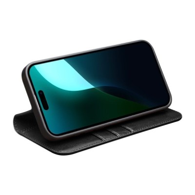 Apple iPhone 16 "QIALINO" atvēramais ādas melns maciņš - maks | Vacins.lv