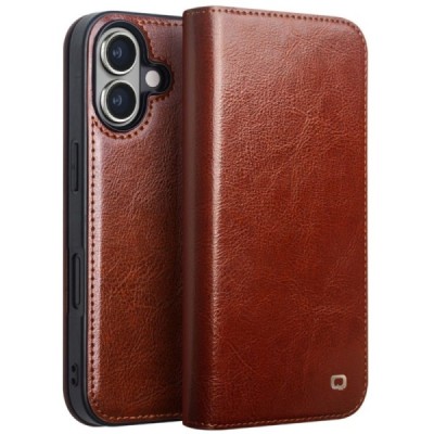 Apple iPhone 16 Plus "QIALINO" atvēramais ādas brūns maciņš - maks | Vacins.lv