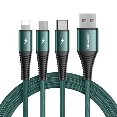 „JOYROOM“ 3-in-1 micro USB + Type-C + Lightning vads - zaļš (1.2 m. / 3A) | Vacins.lv
