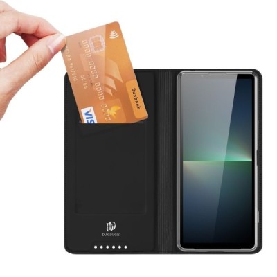 Sony Xperia 5 V „Dux Ducis“ Skin sērijas melns ādas atvērams maciņš | Vacins.lv