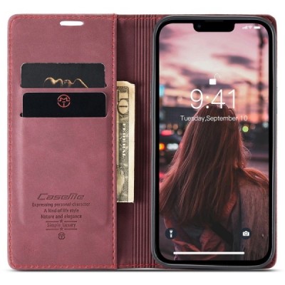 Apple iPhone 15 Plus CaseMe Retro solīds atvēramais ādas bordo maciņš - maks | Vacins.lv