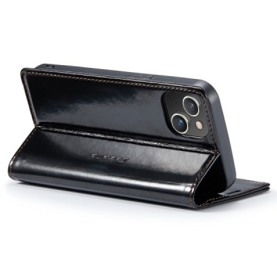 Apple iPhone 15 „CaseMe“ Leather solīds atvēramais ādas melns maciņš - maks | Vacins.lv