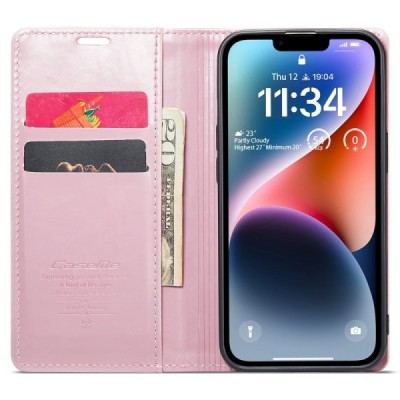 Apple iPhone 15 „CaseMe“ Leather solīds atvēramais ādas rozs maciņš - maks | Vacins.lv