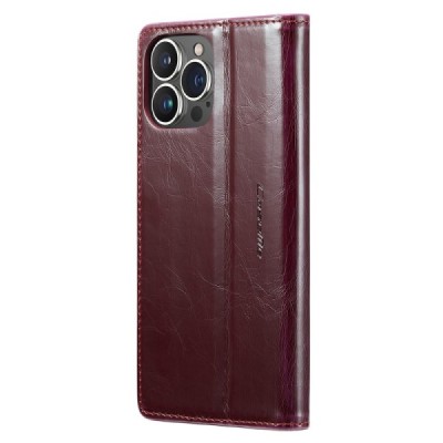 Apple iPhone 15 Pro „CaseMe“ Leather solīds atvēramais ādas bordo maciņš - maks | Vacins.lv