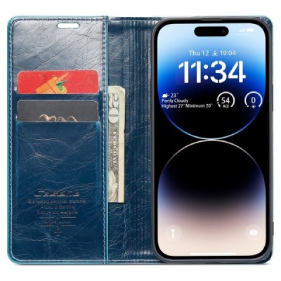 Apple iPhone 15 Pro Max „CaseMe“ Leather solīds atvēramais ādas zils maciņš - maks | Vacins.lv