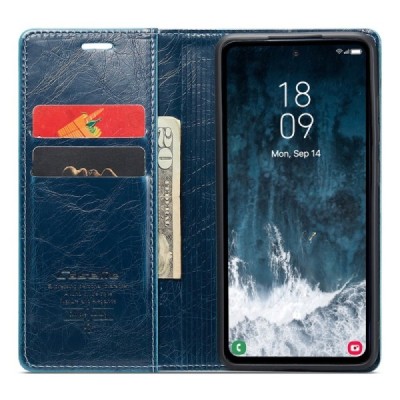 Samsung Galaxy S23 FE (Fan Edition) „CaseMe“ Leather solīds atvēramais ādas zils maciņš - maks | Vacins.lv