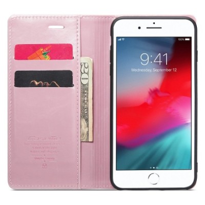 Apple iPhone 7 Plus „CaseMe“ Leather solidus atverčiamas rožinis odinis dėklas - knygutė | Priedai.lt