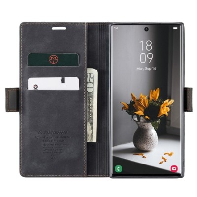 Samsung Galaxy S24 Ultra (SM-S928) CaseMe Retro solīds atvēramais ādas melns maciņš - maks | Vacins.lv