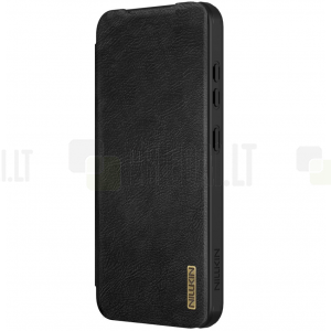 Prabangus „Nillkin“ Qin Pro serijos juodas odinis atverčiamas Samsung Galaxy S25 dėklas