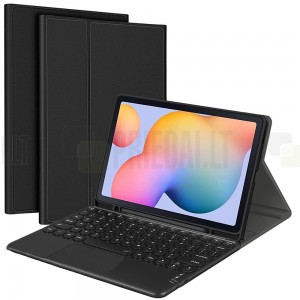 Samsung Galaxy Tab S9 11" (X710, X716, X718) atverčiamas juodas odinis dėklas su bluetooth belaide klaviatūra