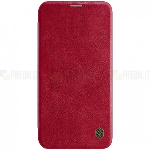 Prabangus „Nillkin“ Qin serijos raudonas odinis atverčiamas Apple iPhone 12 (12 Pro) dėklas