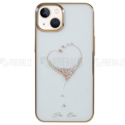 Apple iPhone 13 Kingxbar Crystal  Love Swarovski plastikinis skaidrus permatomas auksinis dėklas su kristalais