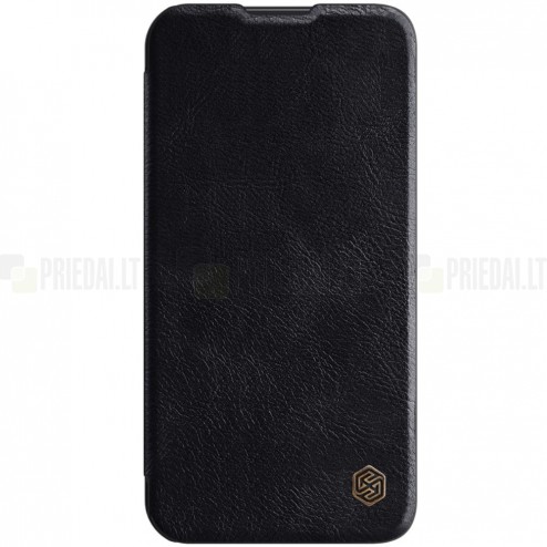 Prabangus „Nillkin“ Qin Pro serijos juodas odinis atverčiamas Apple iPhone 13 dėklas