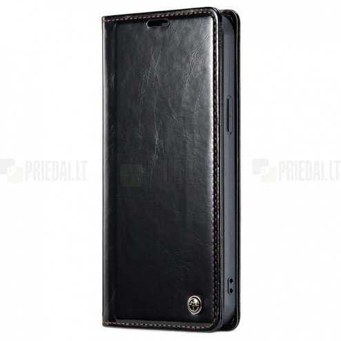 Apple iPhone 13 Pro Max „CaseMe“ Leather solidus atverčiamas juodas odinis dėklas - knygutė