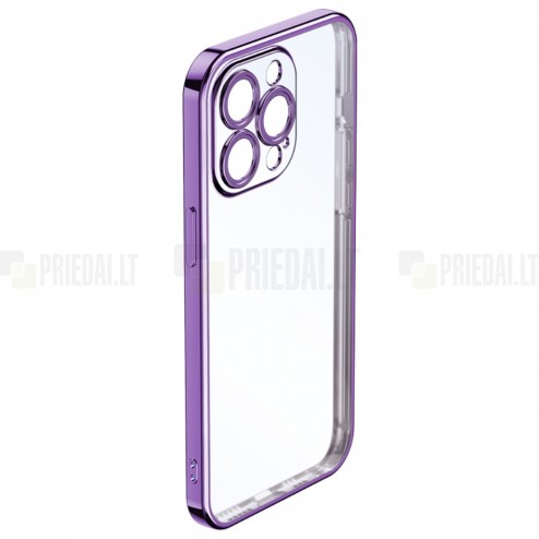 Apple iPhone 14 Pro „ROCK“ silikoninis skaidrus permatomas dėklas su violetiniu rėmeliu