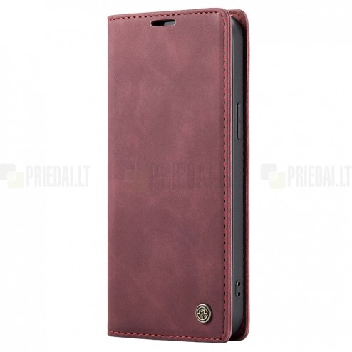 Apple iPhone 15 CaseMe Retro solidus atverčiamas bordo odinis dėklas - knygutė