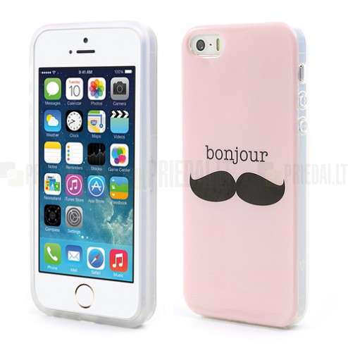 Rožinis Bonjour Moustache silikoninis (TPU) Apple iPhone SE (5, 5s) dėklas (dėkliukas)