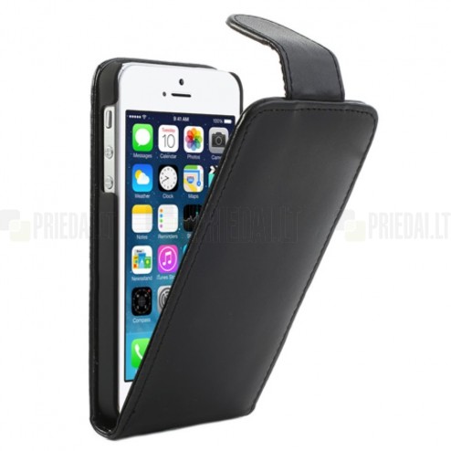 Klasikinis atverčiamas juodas odinis (dibtinės) Apple iPhone SE (5, 5s) dėklas (dėkliukas)