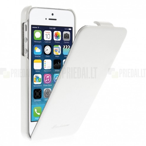 Apple iPhone SE (5, 5s) vertikaliai (žemyn, į apačią) atverčiamas klasikinis baltas dėklas
