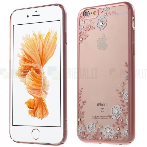 Apple iPhone 6 (6s) „Kavaro“ Flowers plastikinis skaidrus permatomas rožinis dėklas su kristalais