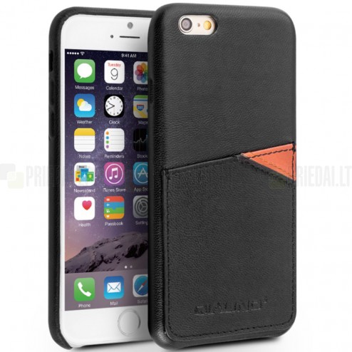 „QIALINO“ Genuine Leather Apple iPhone 6s juodas odinis dėklas - nugarėlė su kišenėle kortelėms
