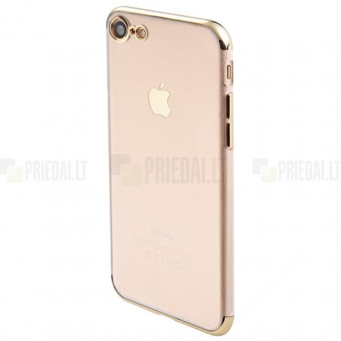 Apple iPhone 7 (iPhone 8, SE 2020) „Sulada“ kieto silikono (TPU) silikoninis skaidrus permatomas plonas dėklas su auksiniu rėmeliu