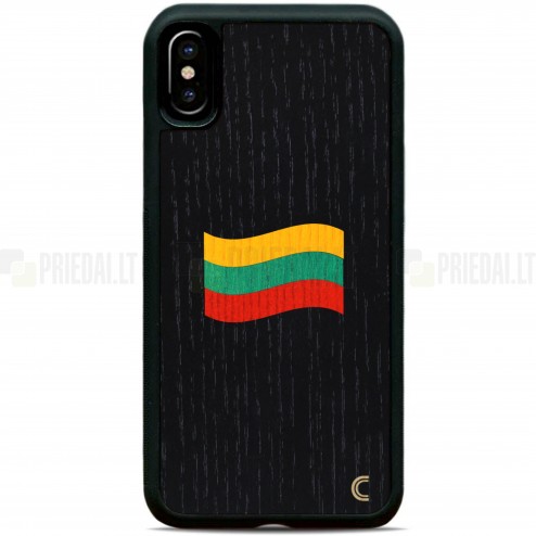 Apple iPhone X (iPhone Xs) „Crafted Cover“ Juodas Lietuvos vėliava natūralaus medžio dėklas (tamsus medis)