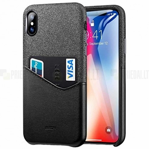 „ESR“ Metro Apple iPhone X (iPhone Xs)  juodas, pilkas odinis dėklas - nugarėlė su kišenėle kortelėms