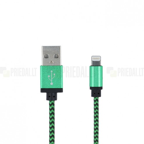 Forever Nylon Lightning USB 8PIN žalias laidas skirtas iPhone, iPad (MFi sertifikatas)