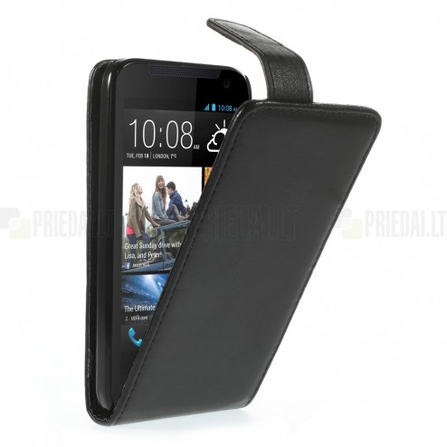HTC Desire 310 klasikinis atverčiamas juodas odinis dėklas su magnetu - piniginė