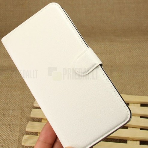 HTC Desire 816 atverčiamas baltas odinis dėklas - piniginė