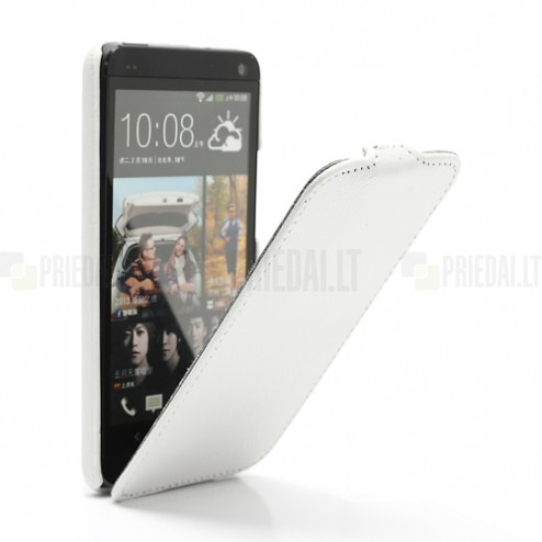 Atverčiamas odinis HTC One M7 baltas dėklas