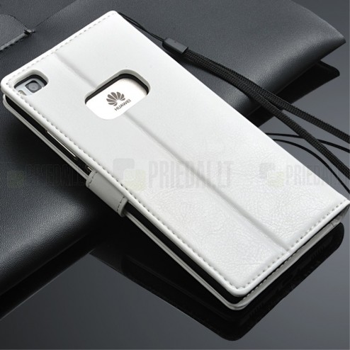 Huawei P8 (Ascend) atverčiamas baltas odinis dėklas - piniginė